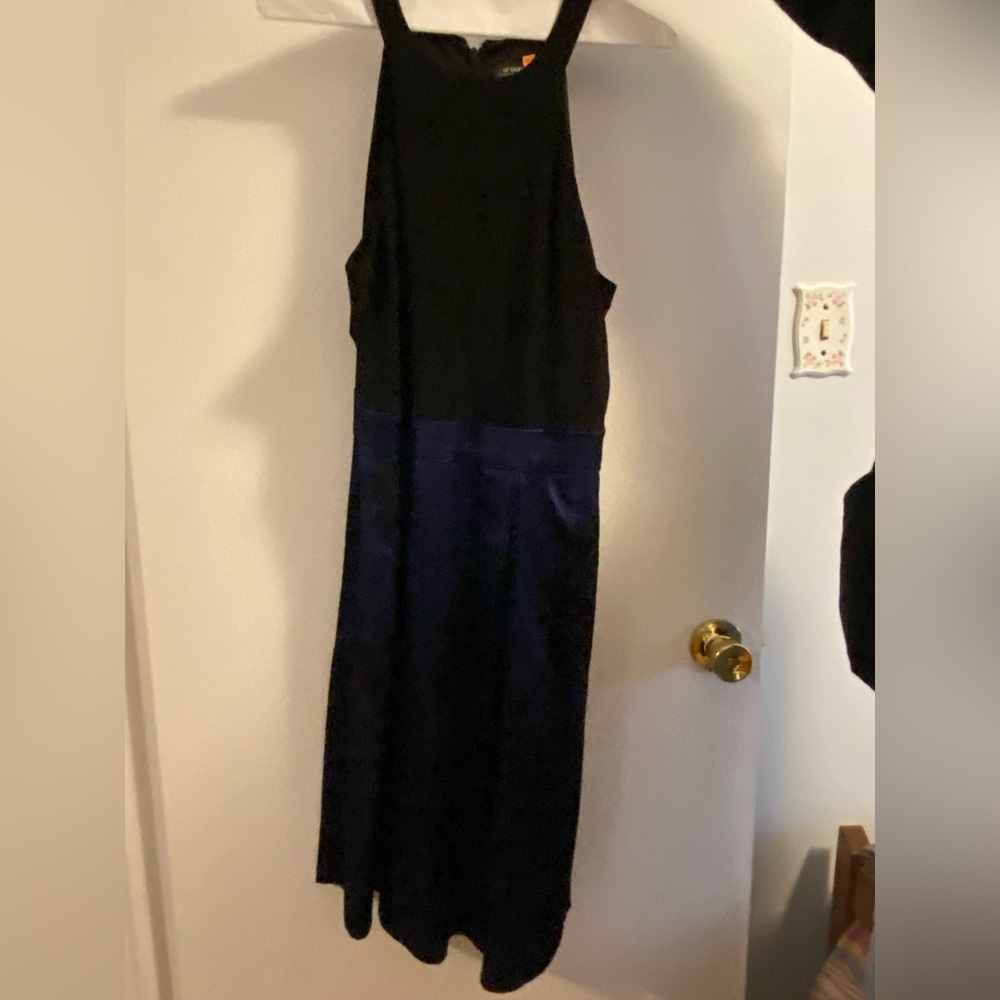 black and blue dress with lace detailing